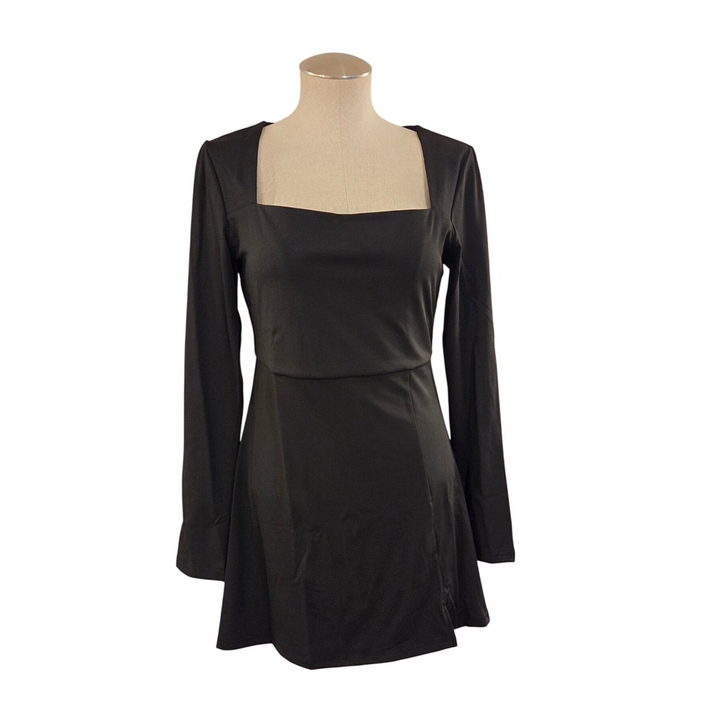 Dressin DR Black Long Sleeve Square Neck‎ Mini Dress with Side Slit Size L